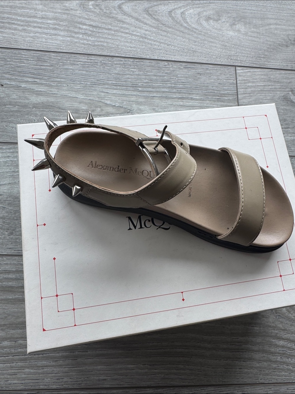Alexander McQueen Beige Leather Spike-Back Sandal with Black Sole